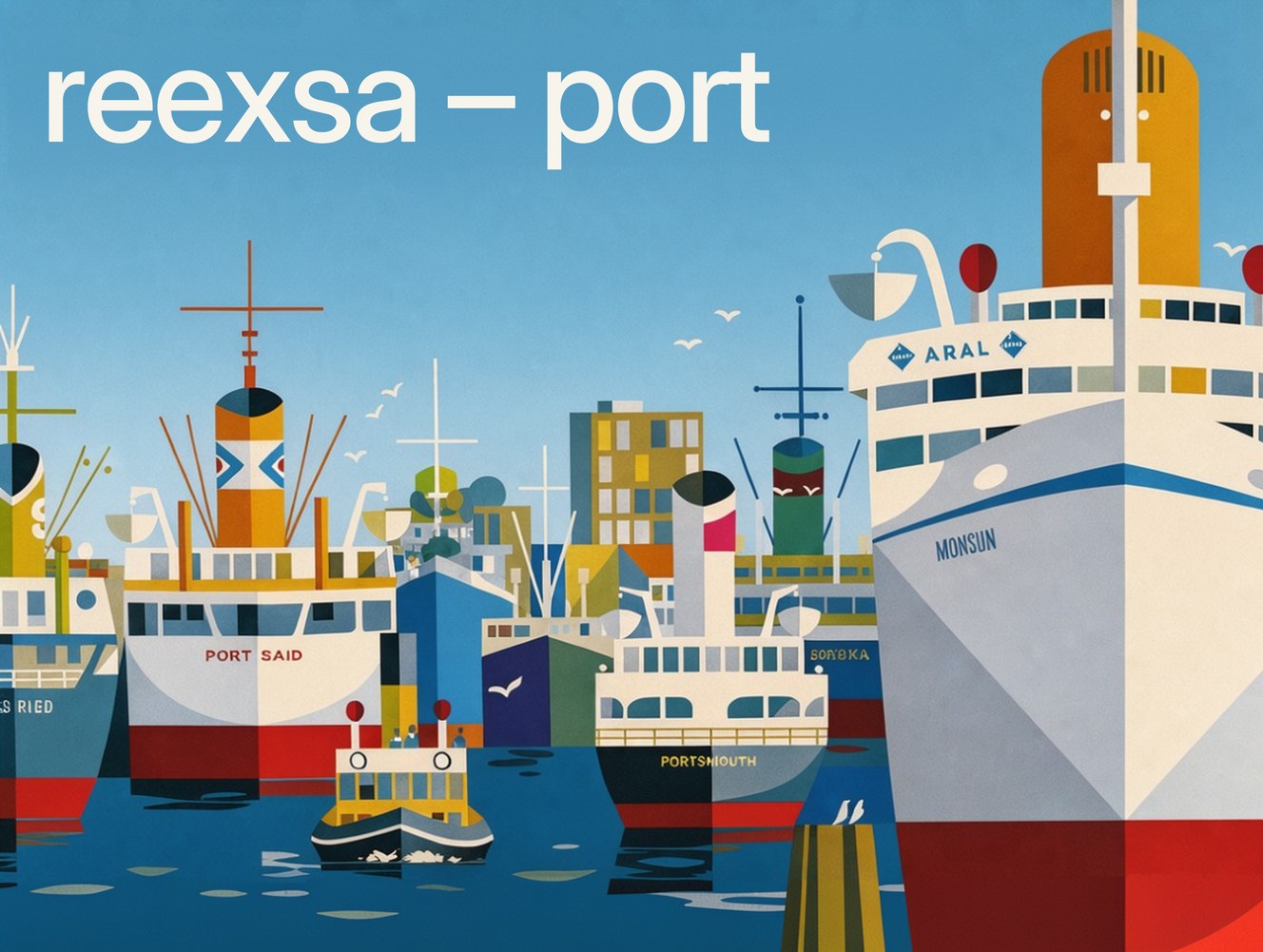 Port Perma の箱絵:港に浮かぶ客船とフェリー