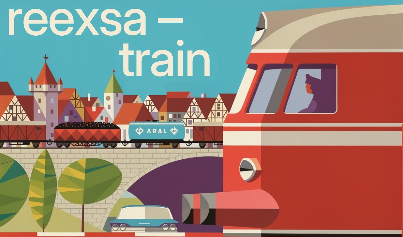 Perma Train の箱絵:町の前の橋の上を走る赤い機関車と貨物列車